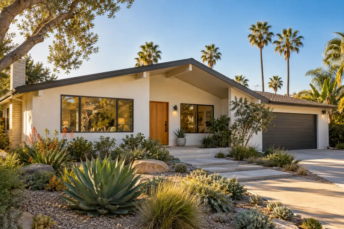 Original illustration of a sunlit Southern California ranch home